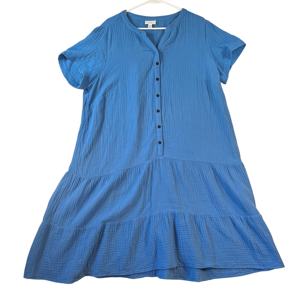 J Jill Dress XL Petite Blue Cotton Double Gauze Tiered Button Front WDR268082